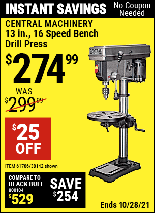 CENTRAL MACHINERY 13 In 16 Speed Bench Drill Press For 274 99