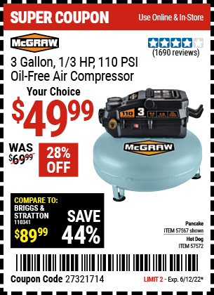 MCGRAW 3 Gallon 1 3 HP 110 PSI Oil Free Pancake Air Compressor For 49