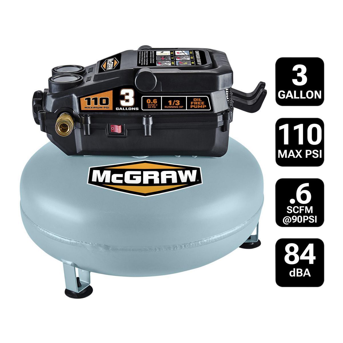 MCGRAW 3 Gallon 1/3 HP 110 PSI Oil-Free Pancake Air Compressor – Item