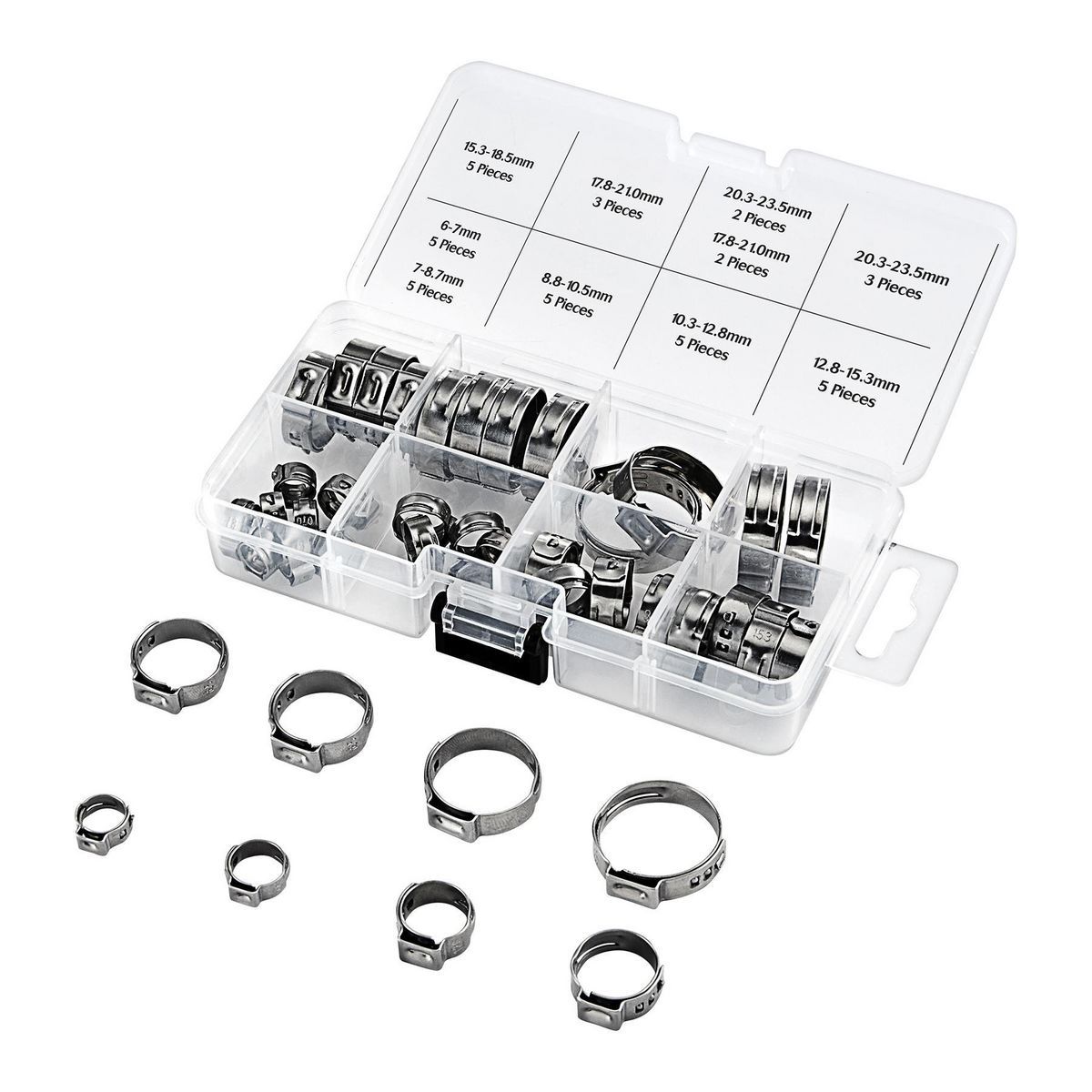 Boxed 2 Kinds Single Ear Car Hose Clamps O-Clips Pipe Clamp Kit Stainless Steel 