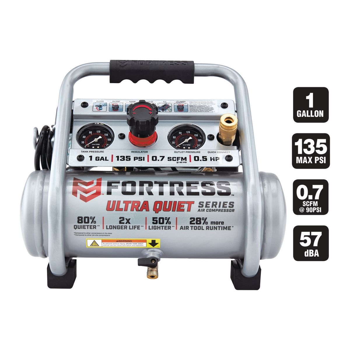 FORTRESS 1 Gallon 0.5 HP 135 PSI Ultra Quiet Oil-Free Professional Air