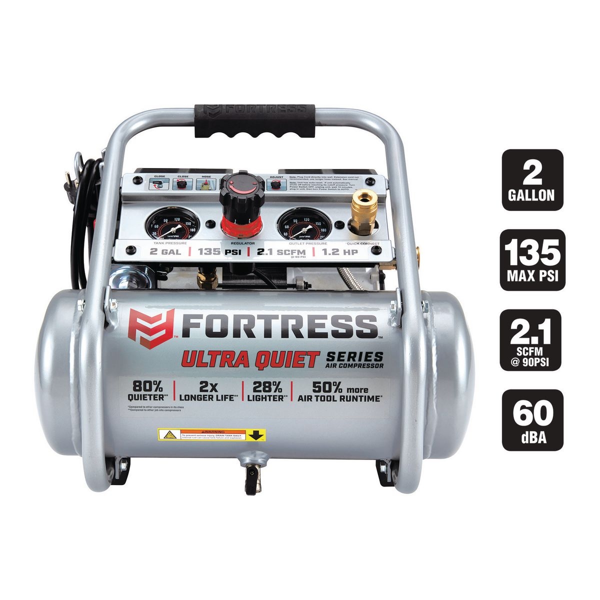 FORTRESS 2 Gallon 135 PSI Ultra Quiet Hand Carry Jobsite Air Compressor