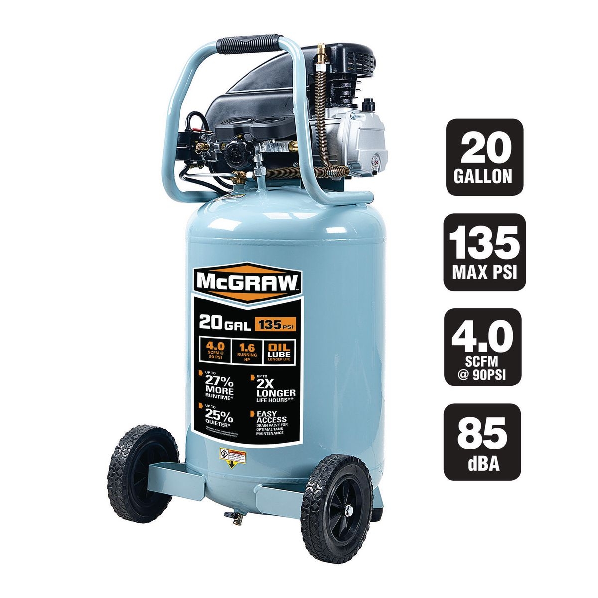 MCGRAW 20 gallon 1.6 HP 135 PSI Oil Lube Vertical Air Compressor – Item