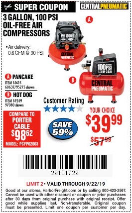 Save $18 on 3-Gallon Oil-Free Air Compressor - Valid at Harbor Freight through 9/22/2019