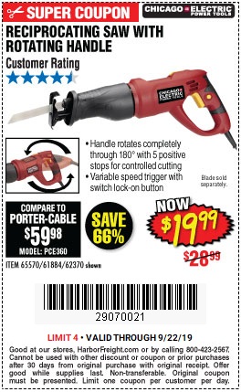 Save $9 on Reciprocating Saw with Rotating Handle - Valid at Harbor Freight through 9/22/2019