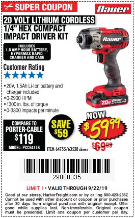 Save $10 on Bauer 20V Lithium Cordless Impact Driver Set - Valid at Harbor Freight through 9/22/2019