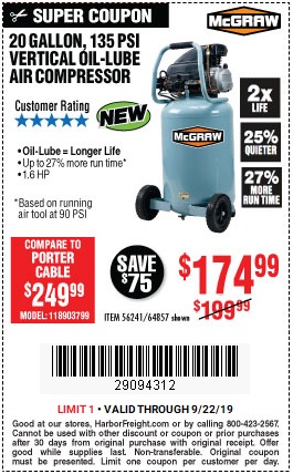 Save $15 on 20-Gallon 135 PSI Air Compressor - Valid at Harbor Freight through 9/22/2019