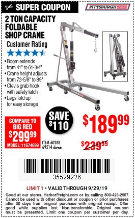 $50 off 2-Ton Capacity Folding Shop Crane