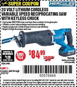 Buy the Hercules 20V Reciprocating Saw for $84.99