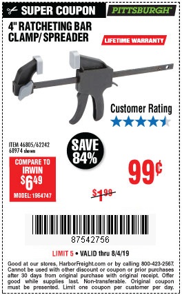 Save $1 on the Pittsburgh Ratcheting Bar Clamp & Spreader