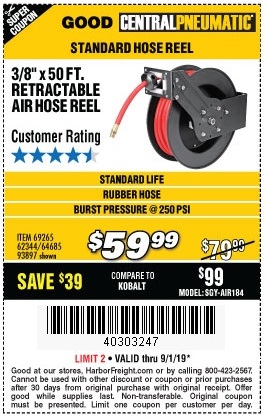 Central Pneumatic Retractable Hose Reel With 50ft Air Hose