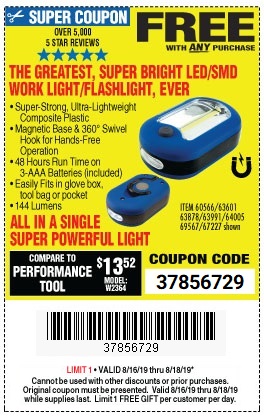 Free LED Flashlight with Any Purchase - Valid through August 18, 2019