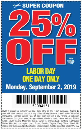25 Percent Off Any Single Item, Only on Monday 9/2/2019