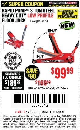 Buy the New Pittsburgh Rapid Pump 3-Ton Low-Profile Floor Jack for $99.99 – Harbor  Freight Coupons