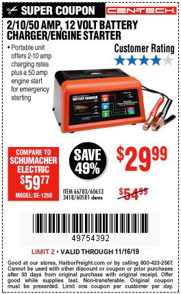 Buy the CEN-TECH 10/2/50 Amp 12V Manual Charger With Engine Start for  $ – Harbor Freight Coupons