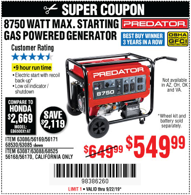Buy the Predator 8750 Watt Gas Powered Generator for $549.99
