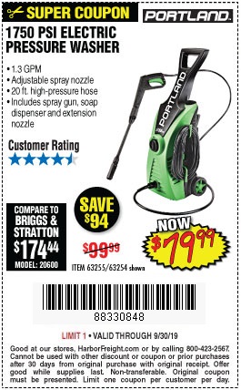 Portland 1750 PSI Electric Pressure Washer for $79.99