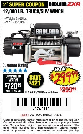 Buy the Badland 12,000 LB Truck / SUV Winch for $299.99