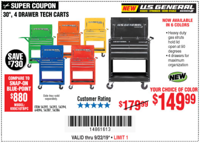 Buy a U.S. General 30-inch, 4-drawer Tech Cart for $149.99
