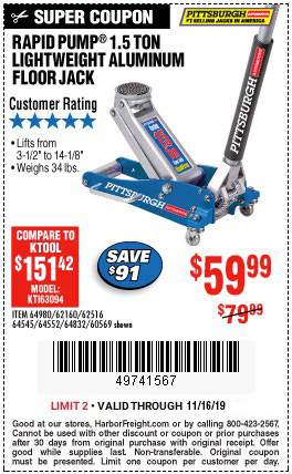 Pittsburgh 1.5 Ton Aluminum Racing Floor Jack With Rapid Pump for $59.99 – Harbor  Freight Coupons
