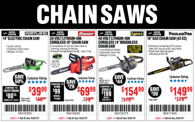 Chain Saws on sale at Harbor Freight through September 22, 2019