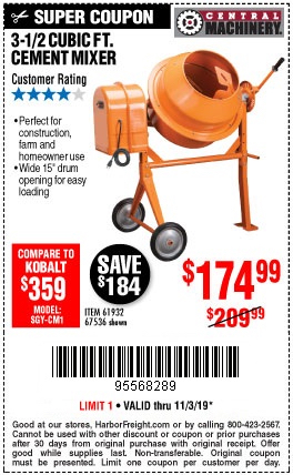 Buy the Central Machinery Cement Mixer for $174.99 – Harbor Freight Coupons