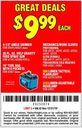 Only $9.99 for These Great Products - Coupon Code 89250874- December Coupon Book - Harbor Freight Tools