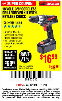 18 Volt 3/8 in. Cordless Drill/Driver Kit With Keyless Chuck, 21 Clutch Settings