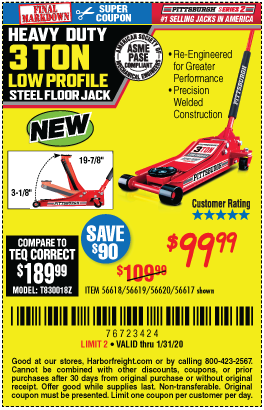 PITTSBURGH AUTOMOTIVE 3 Ton Low Profile Steel Heavy Duty Floor Jack With  Rapid Pump for $99.99 through 1/31/2020 – Harbor Freight Coupons