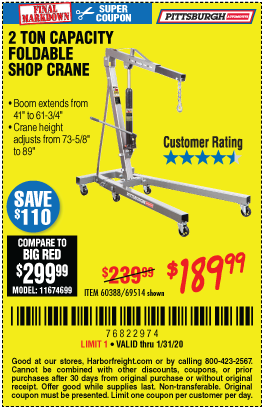 Pittsburgh Automotive 2 Ton Capacity Foldable Shop Crane For 189 99 Through 1 31 2020 Harbor Freight Coupons