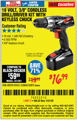 DRILL MASTER 18V 3/8 in. Cordless Drill/Driver Kit for $16.99
