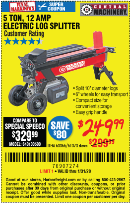 CENTRAL MACHINERY 5 ton Log Splitter for $249.99 through 1/31/2020