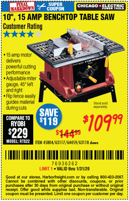 CHICAGO ELECTRIC 10 In. 15 Amp Benchtop Table Saw for $109.99 through 1