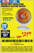 ONE STOP GARDENS 400/900 Watt Oscillating Parabolic Heater for $27.99  through 1/31/2020 – Harbor Freight Coupons