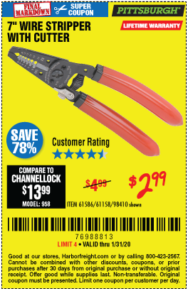 PITTSBURGH 7 in. Wire Stripper with Cutter for $2.99 through 1/31/2020