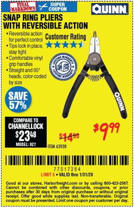 Quinn Snap Ring Pliers With Reversible Action For 9 99 Through 1 31 2020 Harbor Freight Coupons