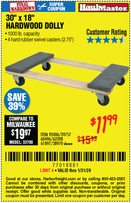 Haul Master 30 In X 18 In 1000 Lbs Capacity Hardwood Dolly For