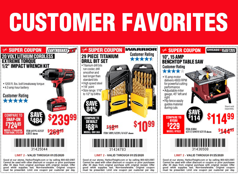 Big Savings on Customer Favorites, Now Through January 25, 2020 Harbor Freight Coupons