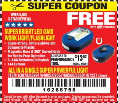 Free LED Flashlight / Work Light with Purchase – Harbor Freight Coupons