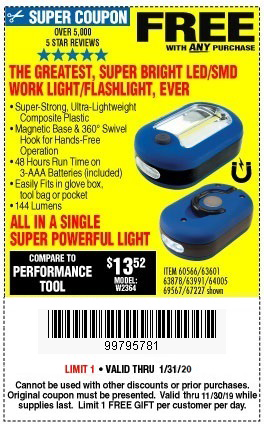 Free LED Flashlight / Work Light with Purchase through 1 ...