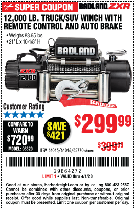 BADLAND 12000 Lbs. Off-Road Vehicle Electric Winch With Automatic Load