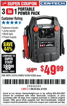 CEN-TECH 3-In-1 Portable Power Pack With Jump Starter for $49.99