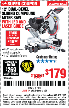 ADMIRAL 12 In. Dual-Bevel Sliding Compound Miter Saw With LED & Laser