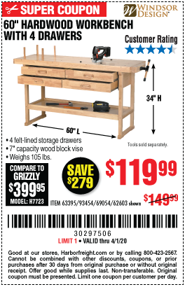 WINDSOR DESIGN 60 In. 4 Drawer Hardwood Workbench for $119 ...