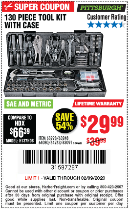 PITTSBURGH 130 Piece Tool Kit for $29.99 through 2/9/2020 – Harbor ...