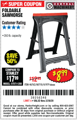 CENTRAL MACHINERY Foldable Sawhorse for $8.99 – Harbor Freight Coupons