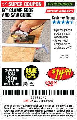 PITTSBURGH 50 In. Clamp Edge and Saw Guide for $14.99 - Harbor Freight Coupons