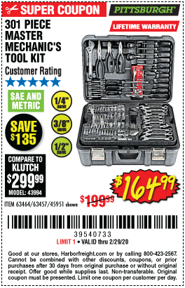 PITTSBURGH 301 Pc Mechanic’s Tool Set for $164.99 – Harbor Freight Coupons