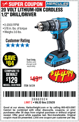 HERCULES 20V Lithium Cordless 1/2 In. Compact Drill/Driver for $44.99 –  Harbor Freight Coupons