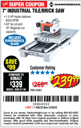 Diamondback 7 In Heavy Duty Wet Tile Saw With Sliding Table For 239 99 Harbor Freight Coupons